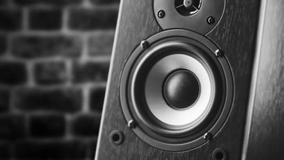 Black and white photo of a personal loudspeaker against a brick background. Sound design, manufacturing, power rating concept.