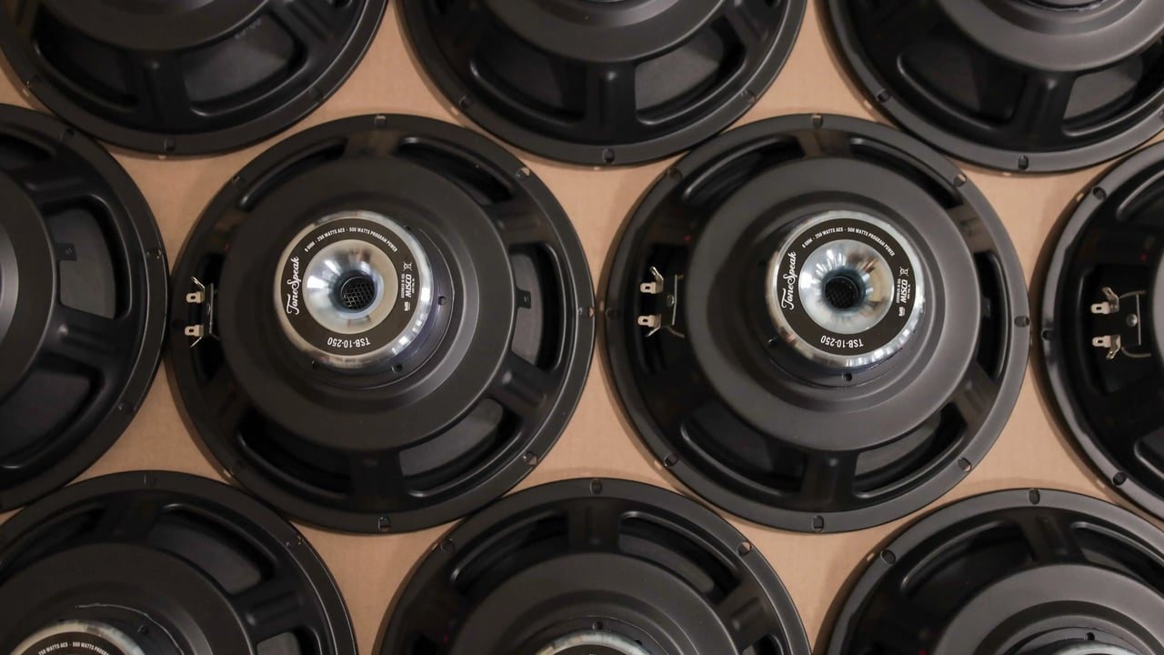 Loudspeakers being prepared for shipping