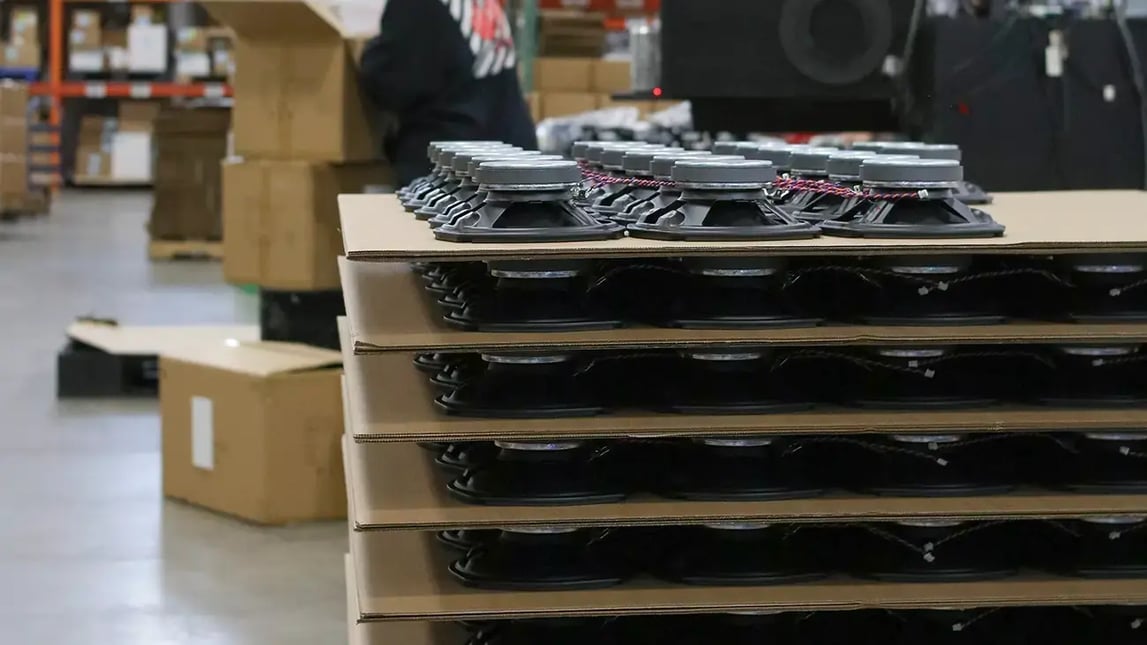 Loudspeakers being prepared for shipping